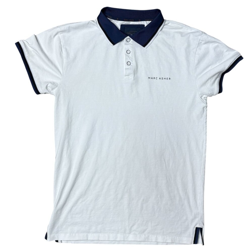 Marc Asher Mens Polo Shirt White Blue Trim Size Small